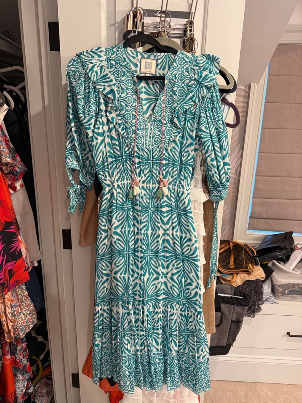 Boho Teal Patterned Midi Dress with Tassel Tie